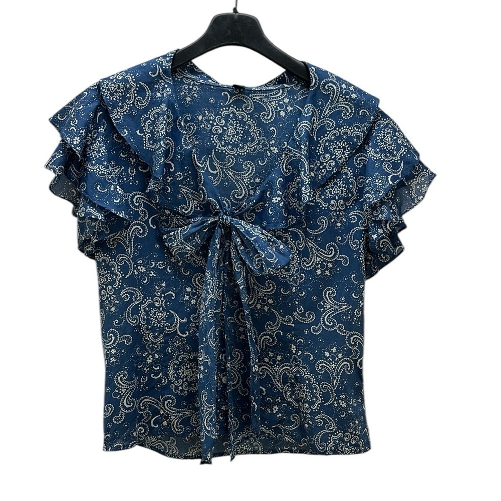 Lauren Ralph Lauren Paisley Print‎ Ruffle Tiered Sleeve Button Shirt M Tie Neck